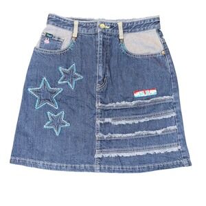 Angel Blue Denim Mini Skirt Women L Blue Good Star Patchwork Harajuku Y2K Rare